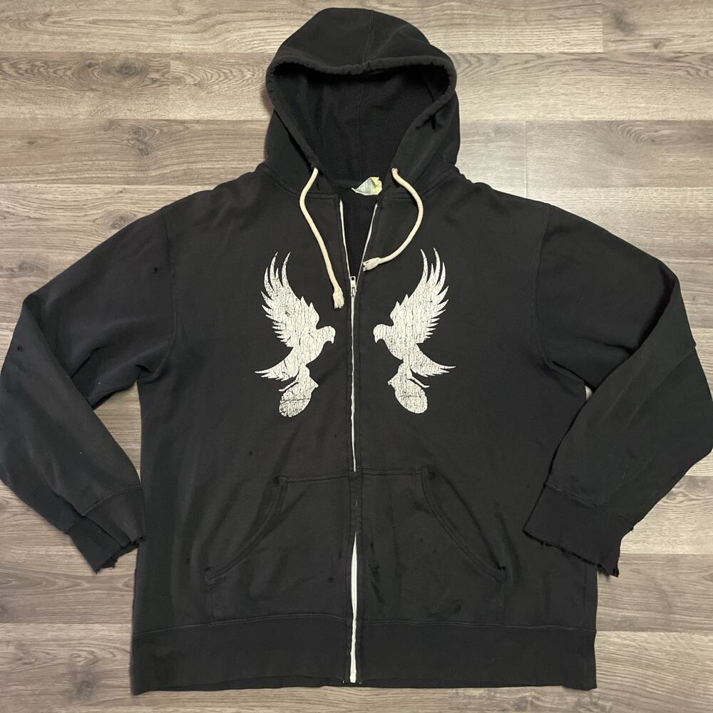 Vtg Hollywood Undead Mirror Dove Zip Up Hoodie 2XL Black Heavy Distress Flawed